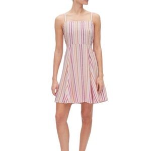 GAP‎ Linen Dress Size Medium Pink Purple Striped Ivory Square Neckline Summer